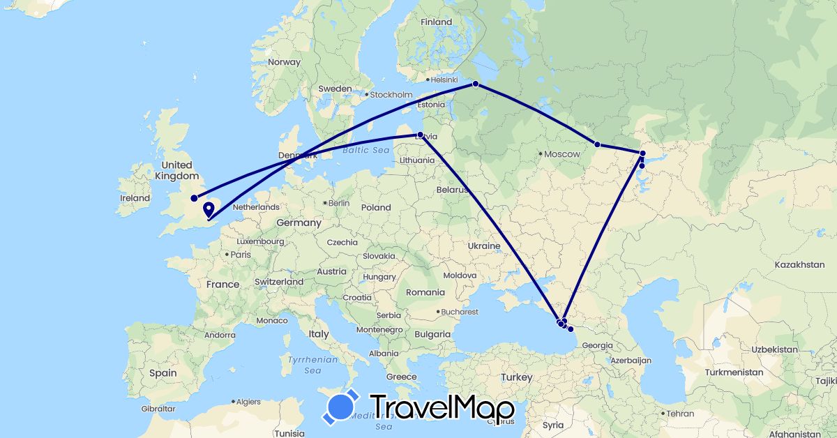 TravelMap itinerary: driving in United Kingdom, Georgia, Latvia, Russia (Asia, Europe)